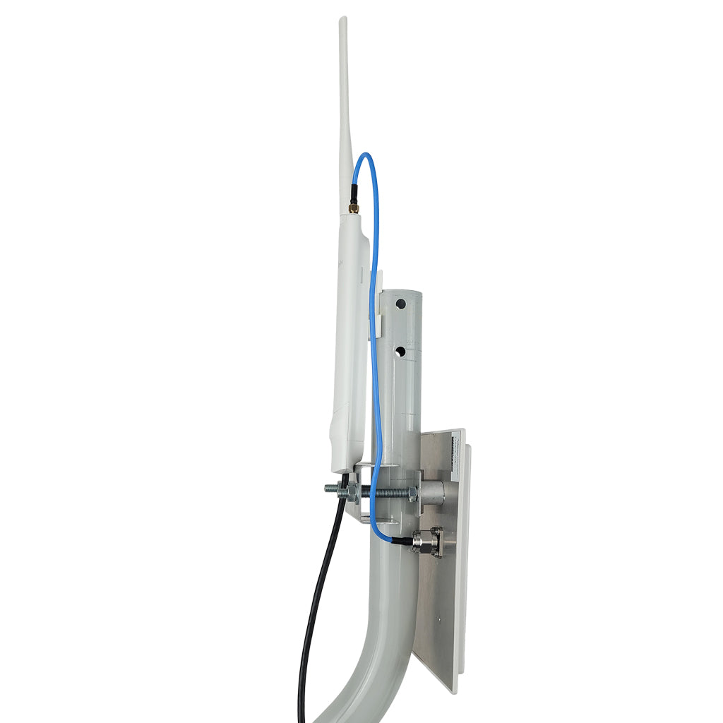 Side view of the wifi extender connected to panel antenna on pole