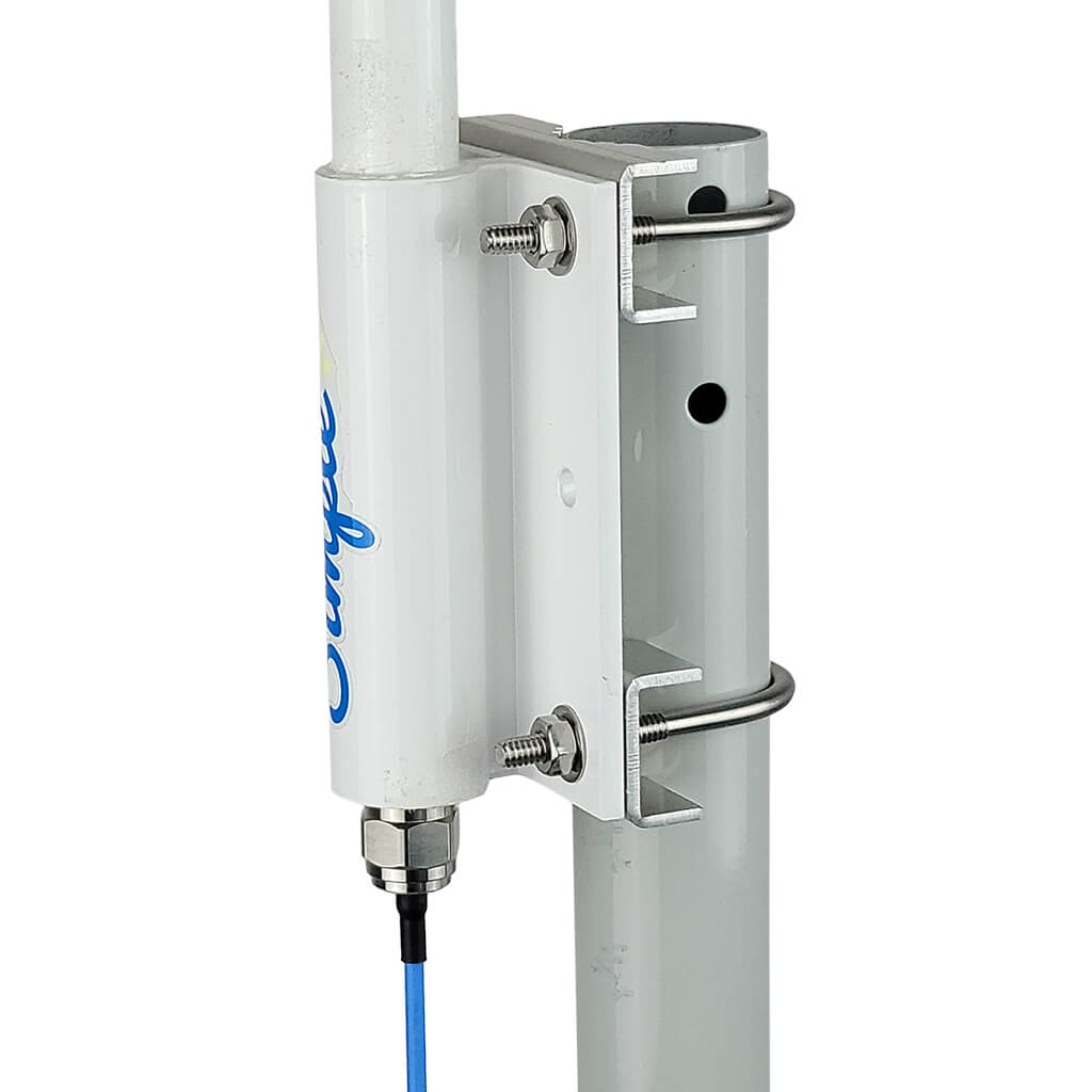 omni wifi antenna shown with mounting bracket connected to a J pipe